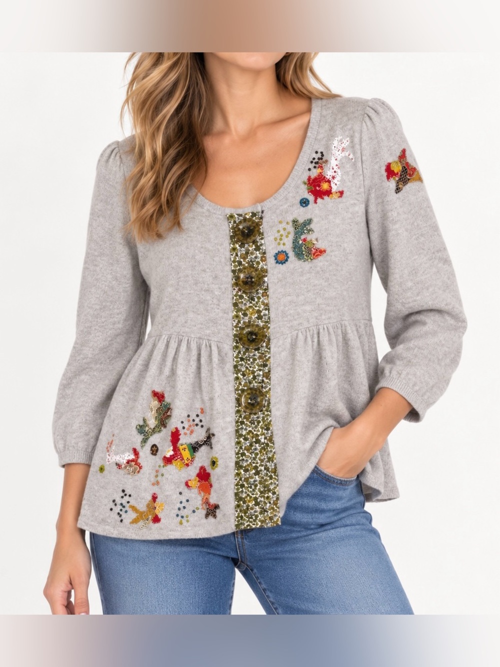Anthropologie HWR Gray Cashmere Wool Blend Patchwork Peplum Sweater - Size XL